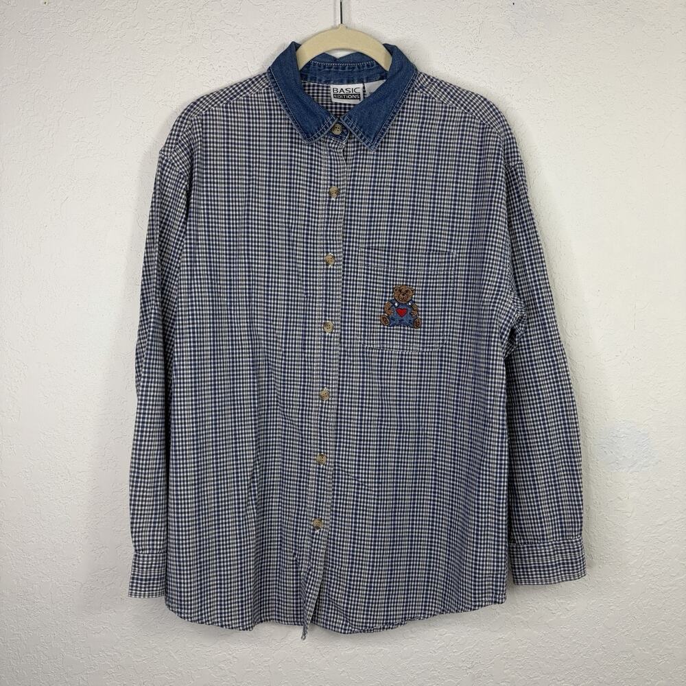 Basic Editions Shirt Size S, Ghingam Blue White Embroidered Bear At Chest, Vtge